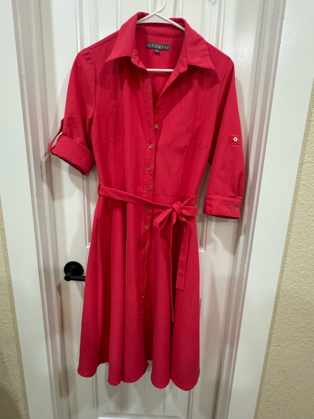 Sharagano Coral Pink Button-Front Tie-Waist Shirt Midi Dress - Picture 3 of 9